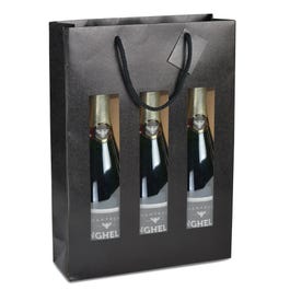 Sacchetto portabottiglie in carta nera 3 finestre 27x9x38cm - Conf. da 10 Sacchetto portabottiglie in carta nera 3 finestre 27x9x38cm - Conf. da 10